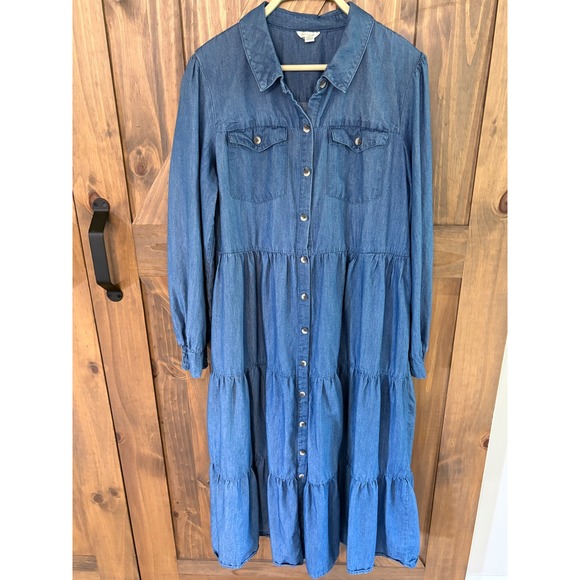 Est. 1946 Dresses & Skirts - Est. 1946 Womens Blue Denim Tiered Shirt Dress Long Sleeve Midi Chambray Large